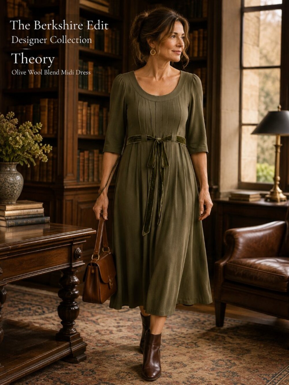 Theory Sima Olive Wool Blend Knit Velvet Tie Waist Midi Dress L